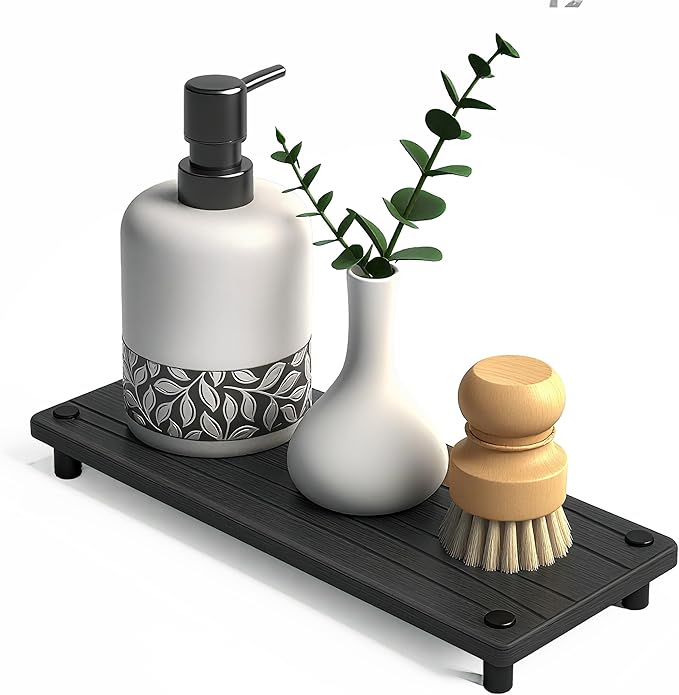Quick Dry Sink Caddy Kitchen Sink Organizer, Water Absorbing Stone Tray for Sink, Stone Drying Tray, Diatomite Faucet Mat & Protector, Dispenser Sponge Holder, Stone Soap Tray for Bathroom Counter