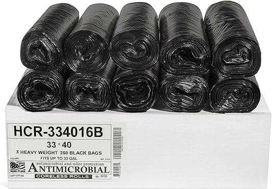 Aluf Plastics 33 Gallon Black Trash Bags (250 Count) - 33" x 40" - 16 Micron Equivalent High Density Value Garbage Bags for Bathroom, Office,Municipal(1 Pallet of 70 Cases, 17500 Bags Total)