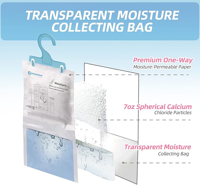 12 Pack (7 oz. ea.) Moisture Absorber Refill Hanging Bags, Moisture Absorber Packets with Reusable 6pcs Hooks, Humidity Packs, Hanging Closet Dehumidifier Bags