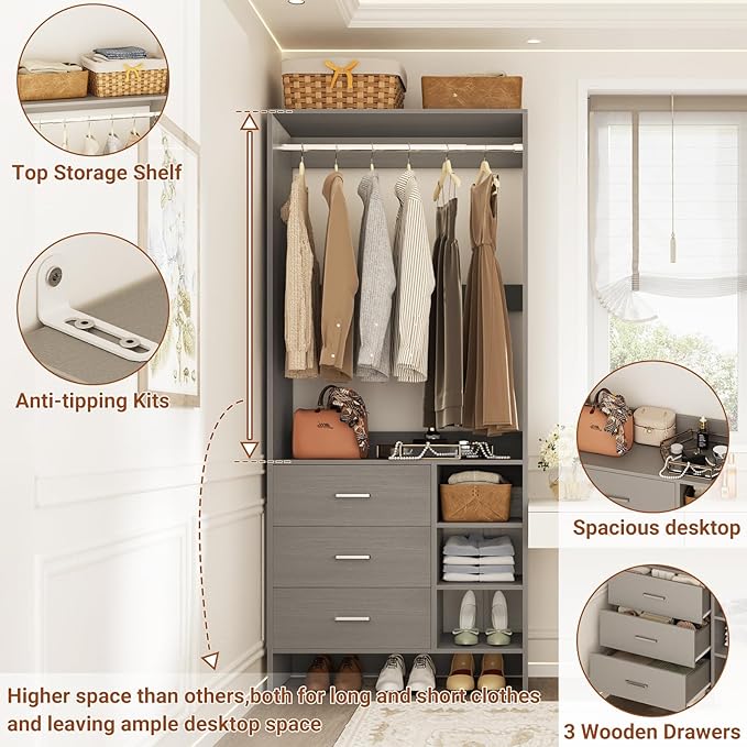 Aheaplus 2.5FT Closet System with 3 Drawers, 29.5’’ Closet Organizer, Wood Closet Organizer System, Walk-in Closet or Small Closets Wardrobe, Clothes Rack with Hanging Rods,-E6, Grey