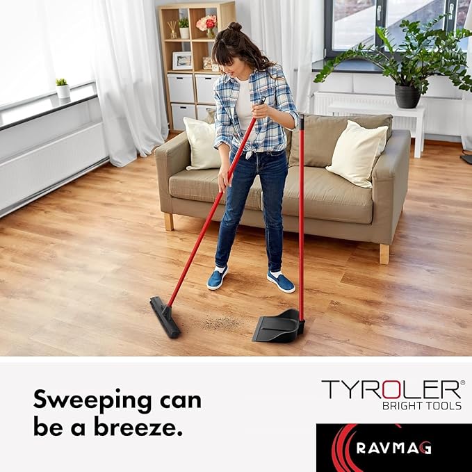 Dustpan with Handle by Ravmag- Solid Natural Rubber Construction- 29” Long Handled Dust Pan- Stand Up Design- Accommodates Any Broom/Hand Brush- Best Dustpans for Home (2 Piece Long Handle)