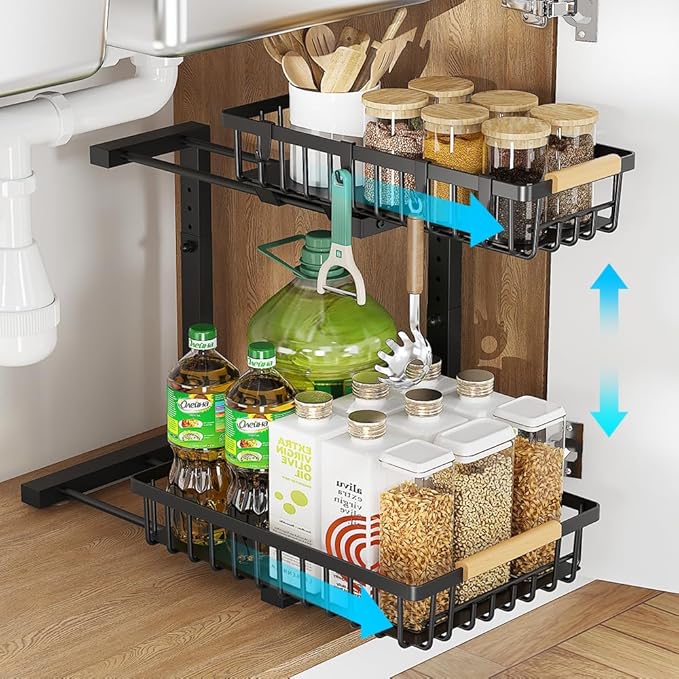 Under Sink Organizer, 2 Tier Under Sink Organizers and Storage, Metal Slide out Pull out Cabinet Organizer,Sliding Drawer Organizer for Kitchen Bathroom Pantry Closet