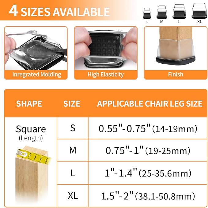 Ezprotekt 24 Pcs Chair Leg Sliders for Carpet, Square Clear Chair Glides Teflon Furniture Pads, Bar Stool Leg Protectors Caps for Rug - for Dining Table, Couch, Patio Legs (M Fit: 0.75" - 1")