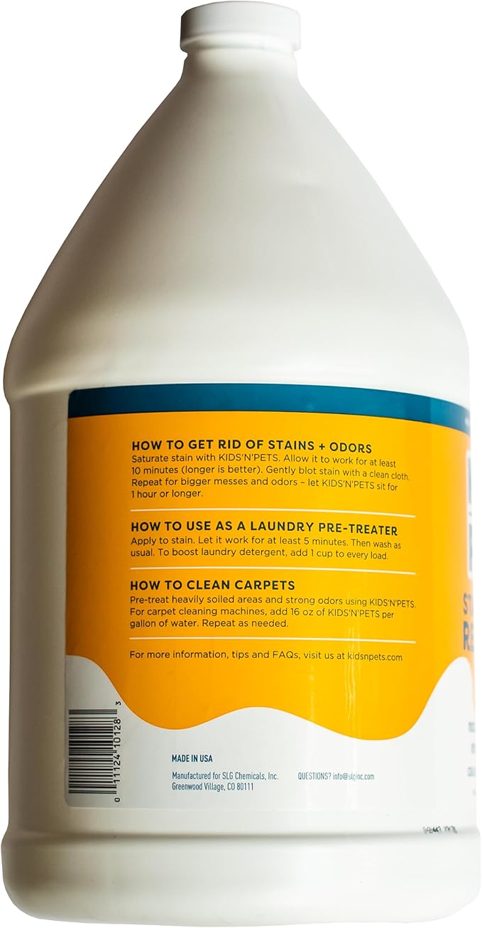 KIDS 'N' PETS Instant All-Purpose Stain & Odor Remover - Cleans Dog Pee, Cat Urine, Other Smells, Spots from Carpet, Couch, Mattress - Non-Toxic Chemicals & Child Safe Enzyme Cleaner - 1-Gallon