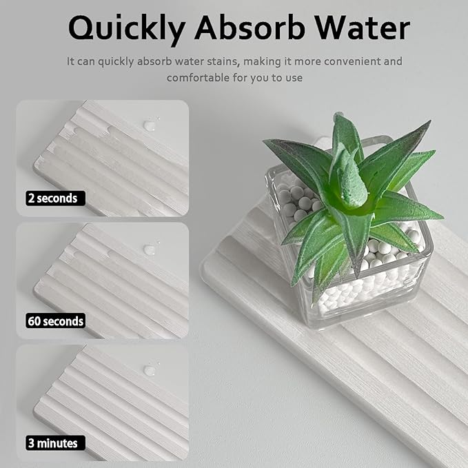 2 PCS Water Absorbing Stone Trays for Bathroom Sink & Kitchen Counter, Fast-Drying Diatomite Sink Caddy, Vanity Tray, Hand Soap Holder with Anti-Skid Pads (White, 8.7" x 4"/22 x 10cm)