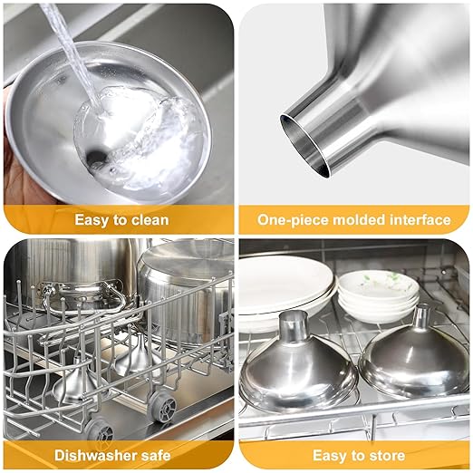2 Pack Stainless Steel Kitchen Funnel Set for Filling Bottles - 2 Different Caliber Sizes, Seamless One-Piece Design for Transferring Oils Spices Powder Mixes (Easy to Clean)