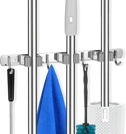 voze 3 Racks and 4 Hooks Mop and Broom Holder Wall Mount, Self Adhesive Heavy Duty Broom Organizer Storage Tool Racks for Kitchen Garden Laundry Garage