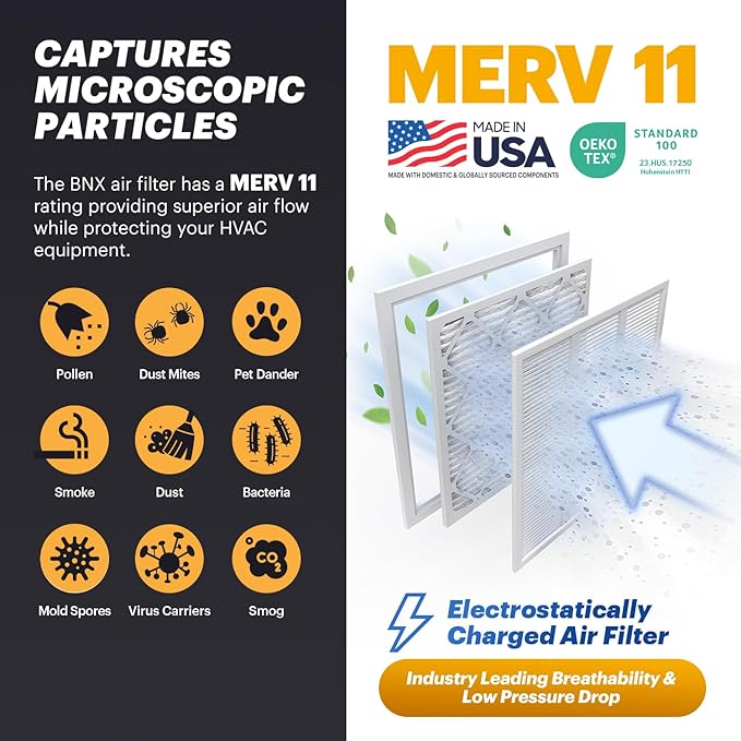 BNX TruFilter 14x18x1 Air Filter MERV 11 (6-Pack) - MADE IN USA - Allergen Defense Electrostatic Pleated Air Conditioner HVAC AC Furnace Filters for Allergies, Dust, Pet, Smoke, Allergy MPR 1200 FPR 7