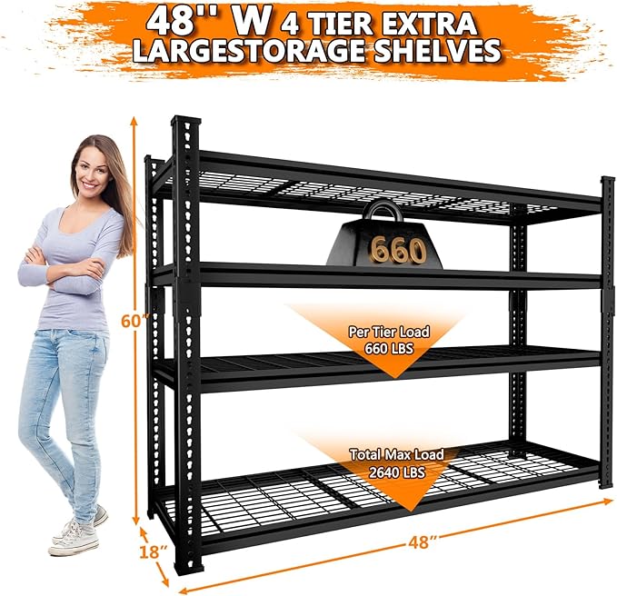 Storage Shelves Heavy Duty 4 PCS, 48"L x 18"W x 60"H Garage Wire Shelving Unit Loads 2640LBS, 4-tier Adjustable Metal Industrial Utility Shelf Rack for Kitchen, Laundry, Pantry, Warehouse, Basement