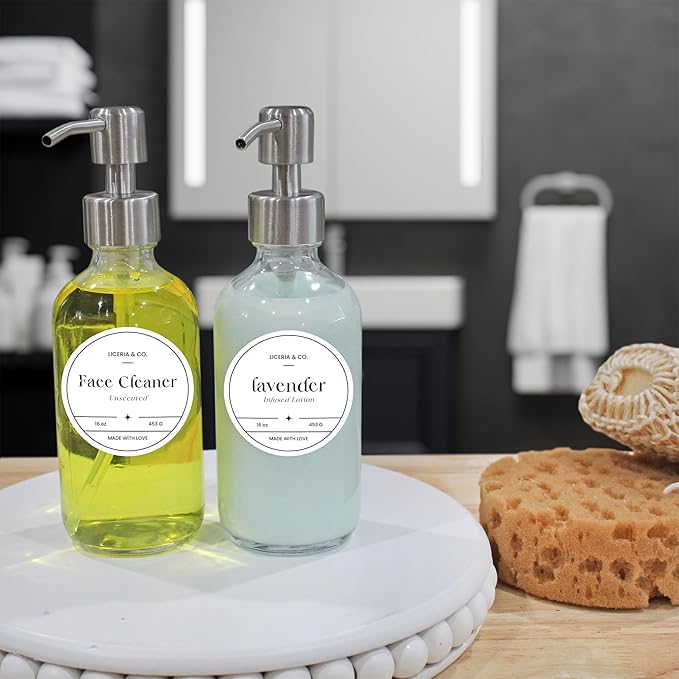 Cornucopia Brands 8-Ounce Clear Glass Boston Round Bottles w/Stainless Steel Lotion Pumps (4-Pack); Empty Refillable Liquid Soap & Lotion Bottles
