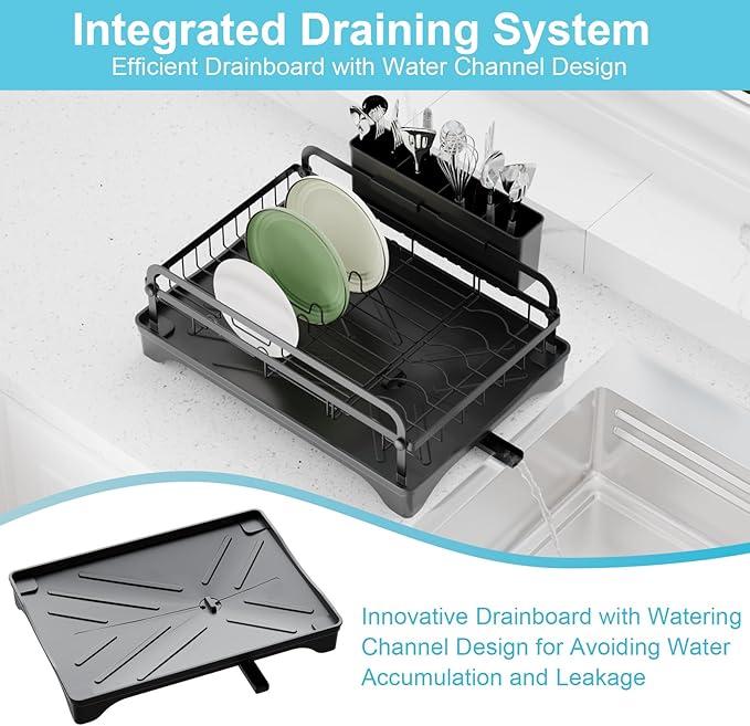Dish Drying Rack for Kitchen Counter - Large Dish Rack with Drainboard, Rustproof Dish Drainer with Drainage Spout & Utensil Holder for Sink, Black
