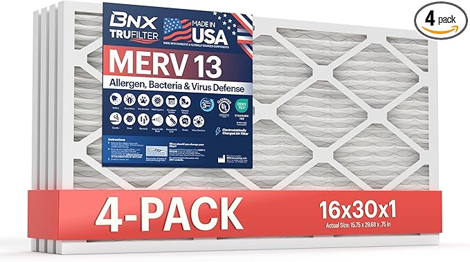 BNX TruFilter 16x30x1 Air Filter MERV 13 (4-Pack) - MADE IN USA - Electrostatic Pleated Air Conditioner HVAC AC Furnace Filters for Allergies, Pollen, Mold, Bacteria, Smoke, Allergen, MPR 1900 FPR 10