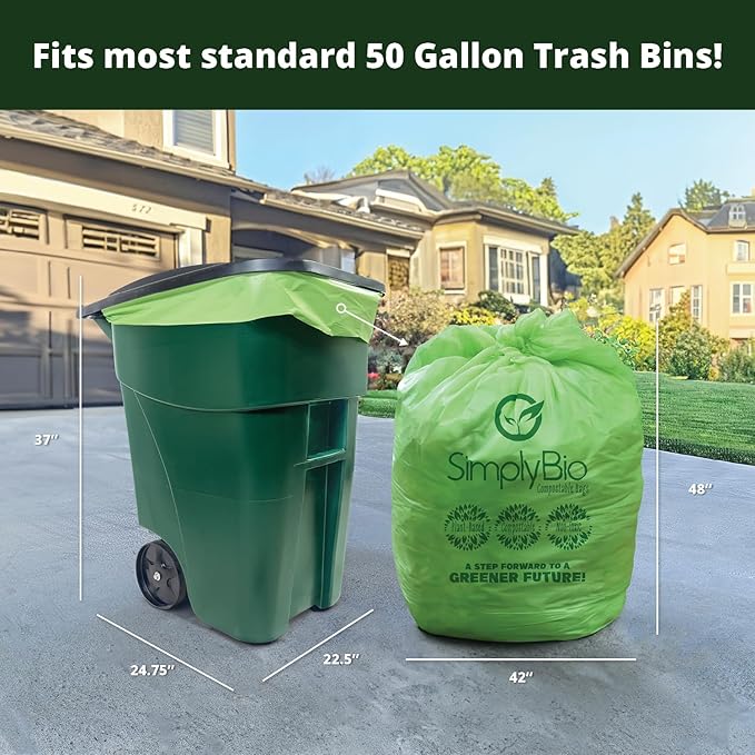 Simply Bio 50-55 Gallon Compostable Trash Bags Liners Flat-Top, Heavy Duty Extra Thick 1.57 Mil, 208.2 Liter, 12 Bags, Lawn, Yard, and Restaurant Use, ASTM D6400, US BPI, OK Compost Home Certified