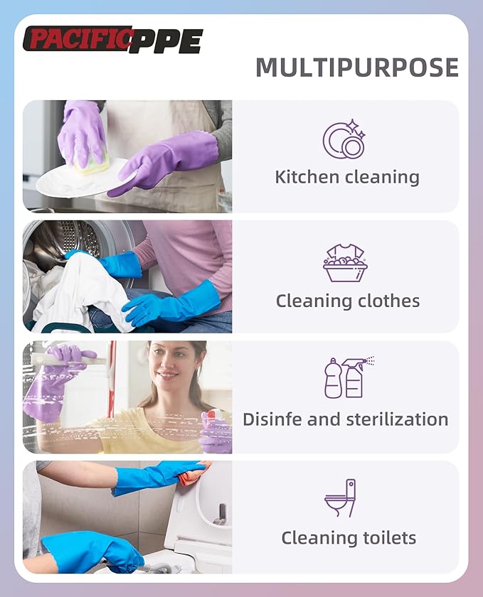 PACIFIC PPE 2 Pairs Reusable Dishwashing Cleaning Gloves with Latex Free, Cotton Lining, Kitchen Gloves, Blue, Large