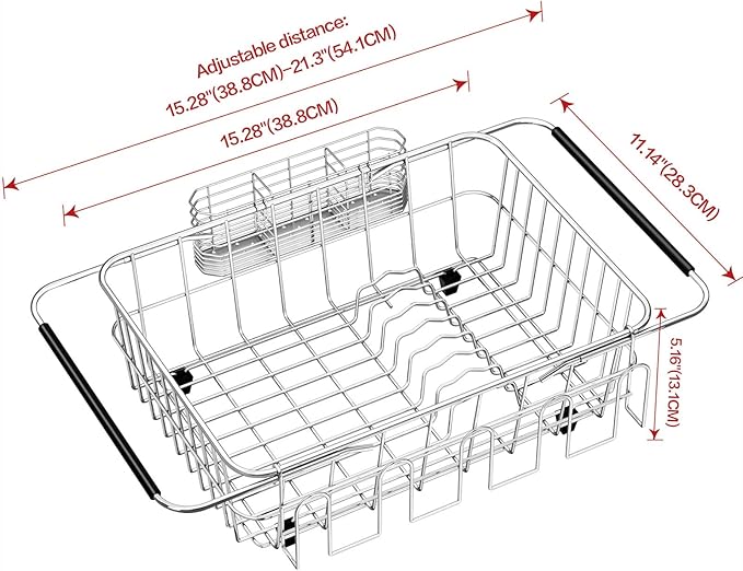 Dish Drying Rack in Sink, Extendable Stainless Steel Dish Drainers for Kitchen Counter, Anti-Rust Dish Dryer Rack with Utensil & Cup Holders, for Inside Sink, Over The Sink