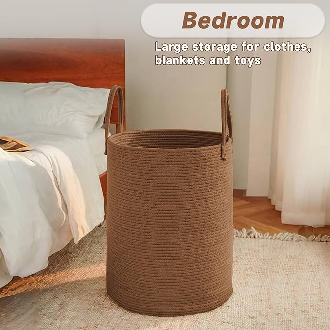 Large Woven Laundry Basket Hamper,60L Cotton Rope Storage Bin for Blankets,Toys and Clothes,Decorative Tall Nursery Hamper for Living Room,Baby Nursery,Bathroom and Bedroom,Golden Jute