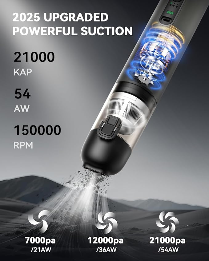 Car Vacuum, Handheld Vacuum Cordless with 21000Pa Powerful Suction & 3 Modes, 4-in-1 Portable Hand Held Mini Vacuum Cleaner Rechargeable, Ultra Light for Car Home Office (Silver)
