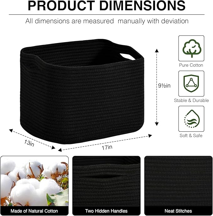 Woven Cotton Rope Storage Basket for Organizing, Cute Decorative Baskets for Gifts Empty, Organizer Bins for Dog Toy, Baby Laundry, 17“×13”×9.5“, Black