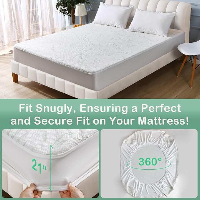 Full Size Mattress Protector Waterproof Mattress Pad Washable Bamboo Rayon Mattress Cover Breathable Noiseless Bed Protector 5" - 21'' Elastic Fitted Deep Pocket