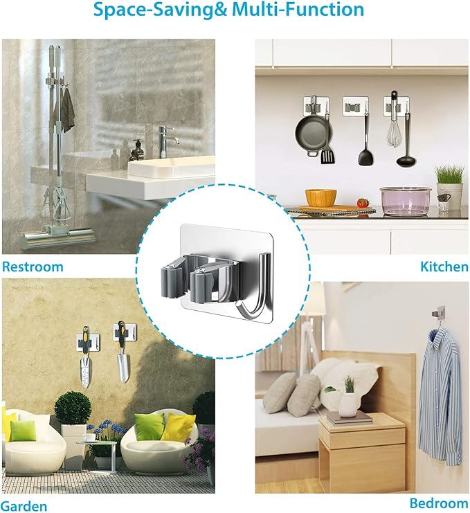 Mop Broom Holder No Drill, Mop Broom Organizer Wall Mounted Heavy Duty with Hooks Hanger, Self Adhesive Stainless Steel 4Pcs for Bathroom, Kitchen, Office (Silver)