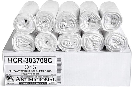 Aluf Plastics HCR-303708C High Density Star Sealed Coreless Roll Bags, 30 gal, Polyethylene, 30" x 37", Clear (1 Pallet of 100 Packs, 50000 Count Total)