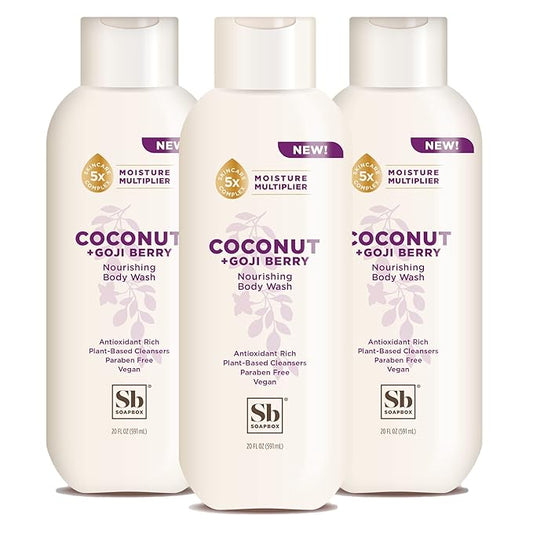 Soapbox Body Wash, Coconut + Goji Berry Body Wash for Women, Men, Vegan + Antioxidant Rich Moisturizing Soap with Shea Butter, Peptides & Keratin Promoting B3, 3 Pack, 20oz Each