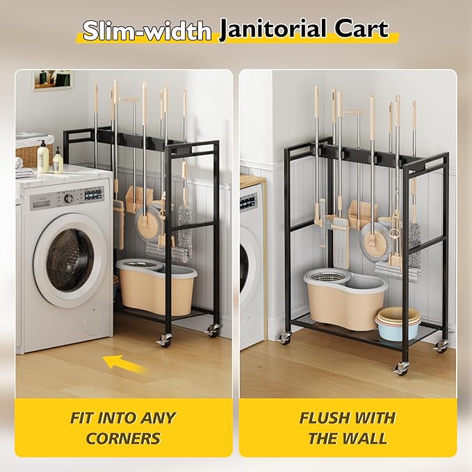 BORISI Broom And Mop Holder, Movable Broom Closet Storage Cabinet, Cleaning Cart with Mop Hanger Gripper Rack, Janitorial Cart, Utility Carts, Laundry Room Organization Home Essentials