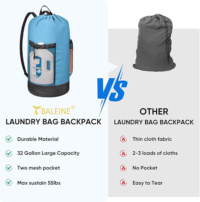 BALEINE 120L Laundry Bag Backpack, 900D Oxford Fabric Large Travel Laundry Bags with Shoulder Straps and 2 Mesh Pockets for College Dorm, Apartment, Laundromat (Blue, 120L)