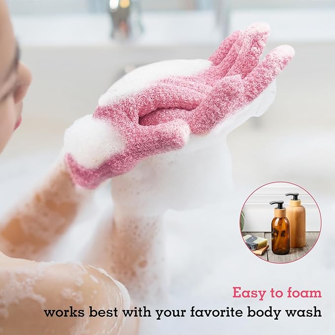 Evridwear Exfoliating Gloves for Shower, 100% Nylon Thick Soft Medium Heavy Bathing Gloves Dead Skin Remover Body Scrubber Smooth Skin with Hang Loop, 1 Pair Moderate Pink