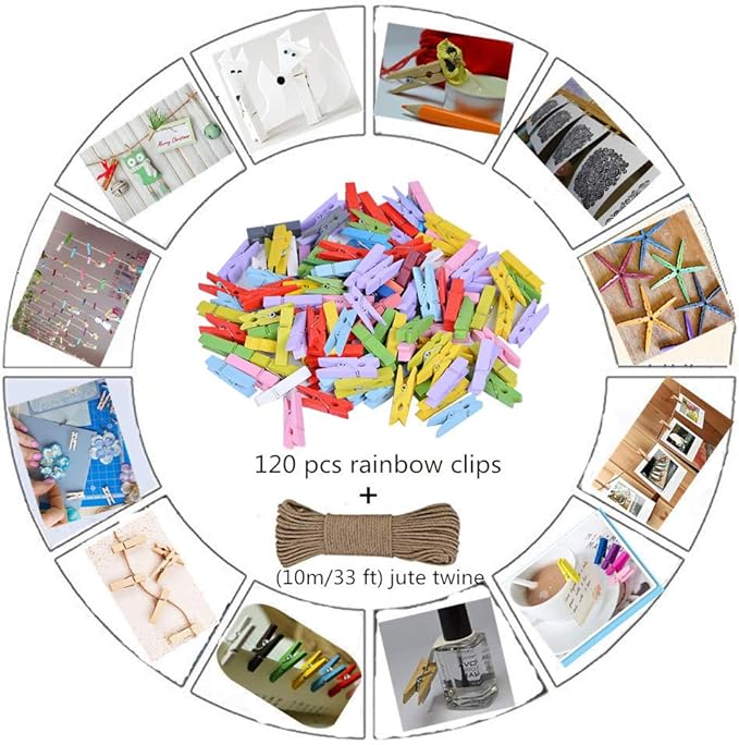 DurReus 50PCS Tiny Wooden Clothespins Photo Paper Peg Mini Wood Clothes Pins Home School Arts Crafts Decor,Hanging Pictures with Jute Twine Green