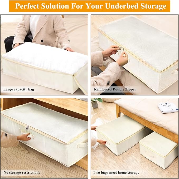 Under Bed Storage, 2 Pack Clothing Storage Bags W/Upgraded Handles, Large Capacity Underbed Shoe Container Organizer, Breathable Dorm Essentials Bins for Blanket, Pillows, Comforters & Quilts, Beige