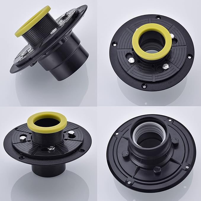 RANDOM Square Shower Drain 6 Inch Matte Black Stainless Steel Shower Floor Drain Kit with Adjustable PVC Base Flange, Removable Grid Grate, Hair Strainer