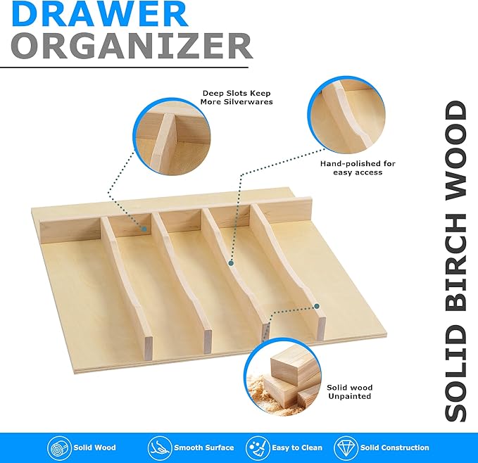 WelFurGeer Solid Birch Wood Silverware Drawer Organizer, Wooden Cutlery Drawer Organizer, Utensil Tray for Kitchen Drawers, Kitchen Utensil Organizer for Silverware, Flatware, Spoons, Forks, Knives