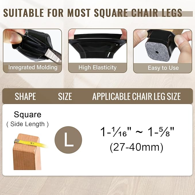 BUMACO Chair Leg Floor Protectors Square Chair Leg Protectors for Hardwood Floors 40Pcs Silicone Covers to Protect Floors Square (Black-L Fit 1-1/16" to 1-5/8")