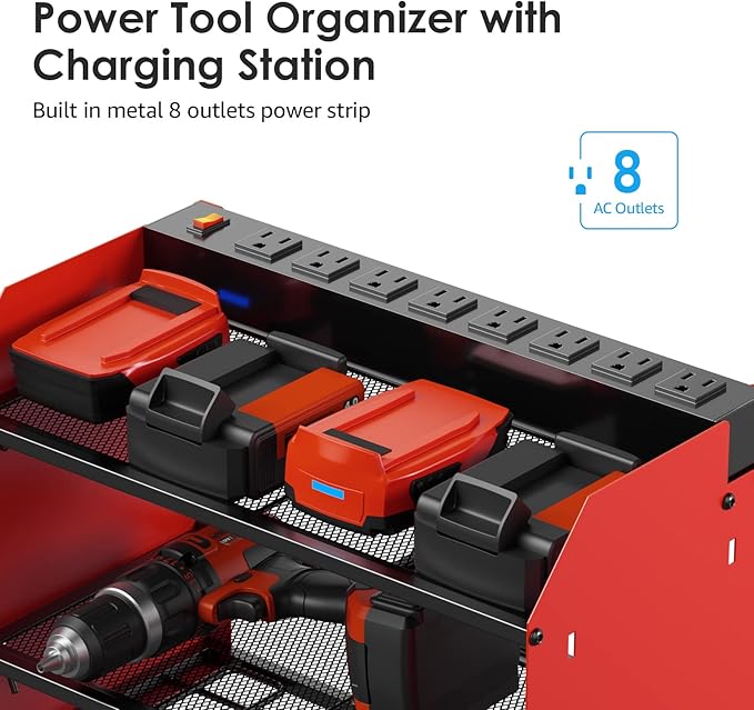 CCCEI Set Power Tool Organizer Wall Mount with Charging Station. Garage 8 Drills Storage Shelf with Hooks, Screwdriver, Drill Bit Heavy Duty Rack, Tool Battery Holder Built in 8 Outlet Power Strip.