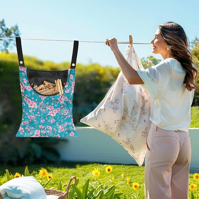Cherry Blossom Clothespin Pouch Clothespin Bag with Hanging Hook Waterproof Clothes Pin Hanging Bag Space-Saving Clothespin Storage Organize Clothespin Bag for Clothesline Outdoor, 1 Pack