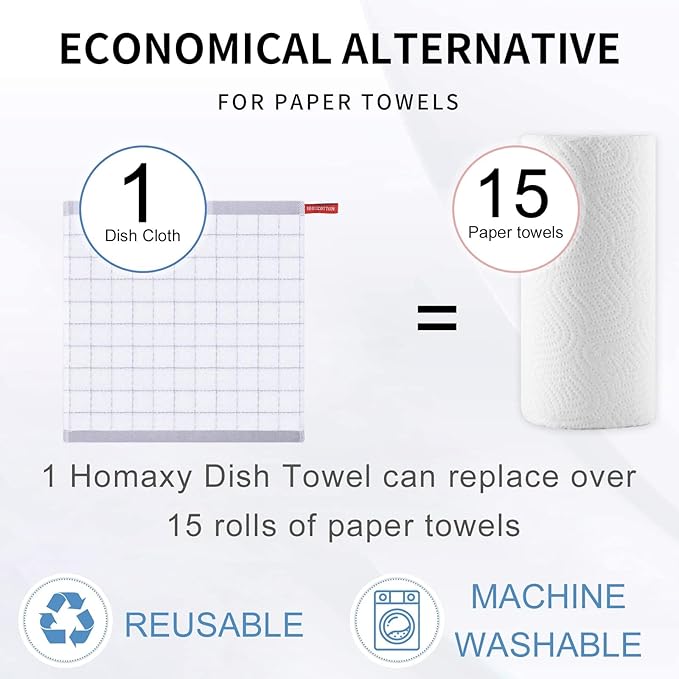 Homaxy 100% Cotton Terry Kitchen Dish Cloths, Ultra Soft and Absorbent Dish Towels for Kitchen, Suitable for Drying and Washing Dishes, 12 Pack, 12 x 12 Inches, White