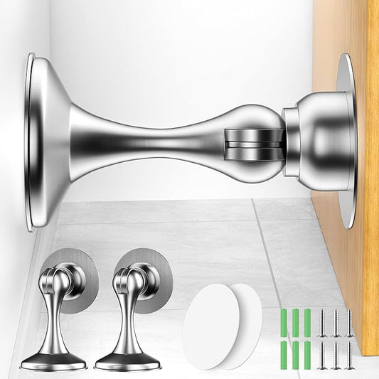 Crosize Magnetic Door Stoppers 2 Pack, Stainless Steel Door Catch for Wall and Floor Mounting, Door Holder Keep Door Open, No Drilling Door Stop with Adhesive Tapes, Silver