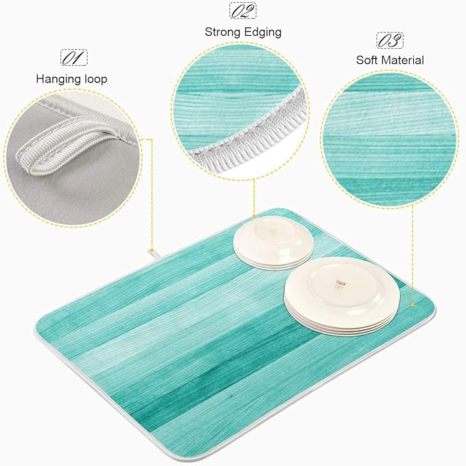 Teal Turquoise Green Wood Texture Dish Drying Mat 16x18 for Kitchen Green Blue Wooden Printing Dishes Pad Dish Drainer Rack Mats Absorbent Fast Dry Kitchen Accessories