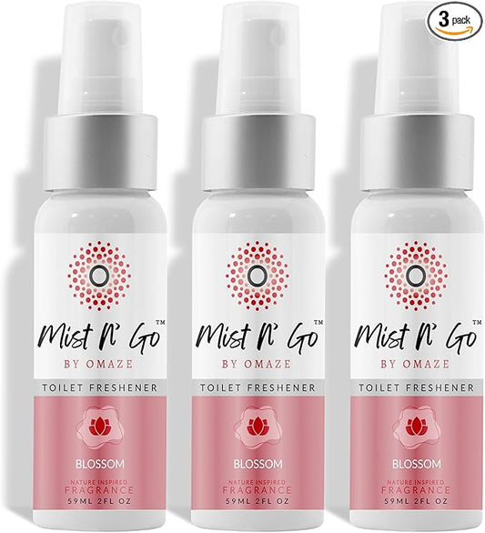 Mist N’ Go by Omaze Travel Bathroom Spray for Toilet Spray Odor Eliminator - Travel Toilet Spray for Bathroom Air Freshener Spray for Bathroom Deodorizer - Blossom Regular Size (2oz x3)