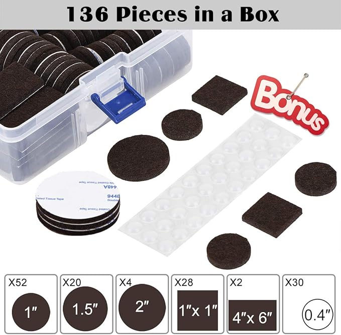 Felt Furniture Pads 136 Pieces, Furniture Pads for Hardwood Floors, 5mm Thick Floor Protectors for Furniture Legs, Felt Pads for Furniture, Floor Savers for Furniture in a Case