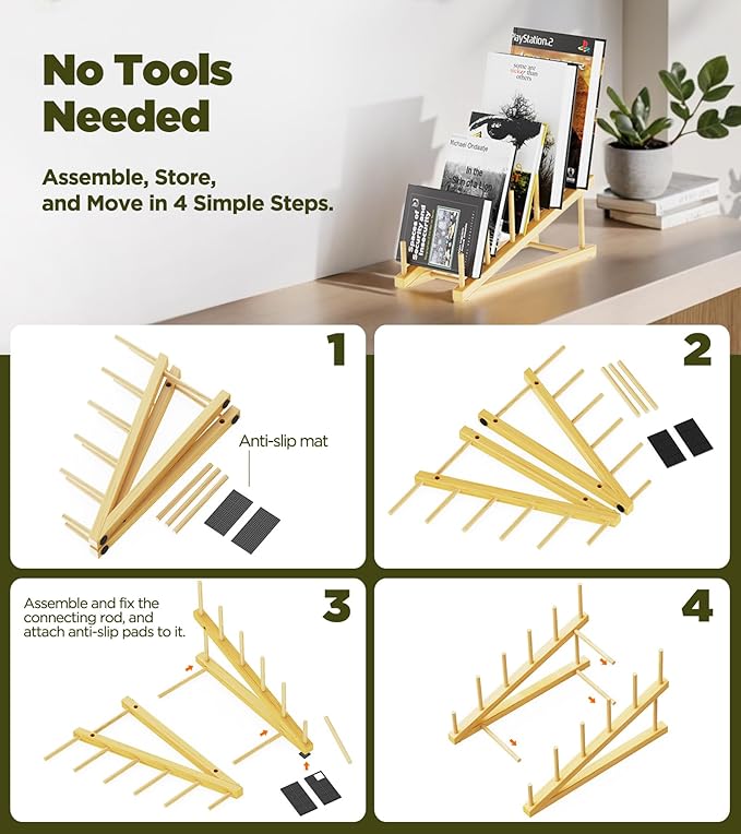 Bamboo Dish Drying Rack, 5 Slots Kitchen Organizer Craft Show Display Stand for Holds Plates, Bowls Cups, Cutting Boards, Pot Lids, Canvas, Books, Records, Artwork and Magazine
