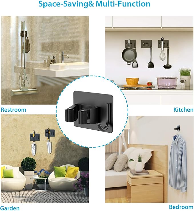 Mop Broom Holder No Drill, Mop Broom Organizer Wall Mounted Heavy Duty with Hooks Hanger, Self Adhesive Stainless Steel 6Pcs for Bathroom, Kitchen, Office (Black)