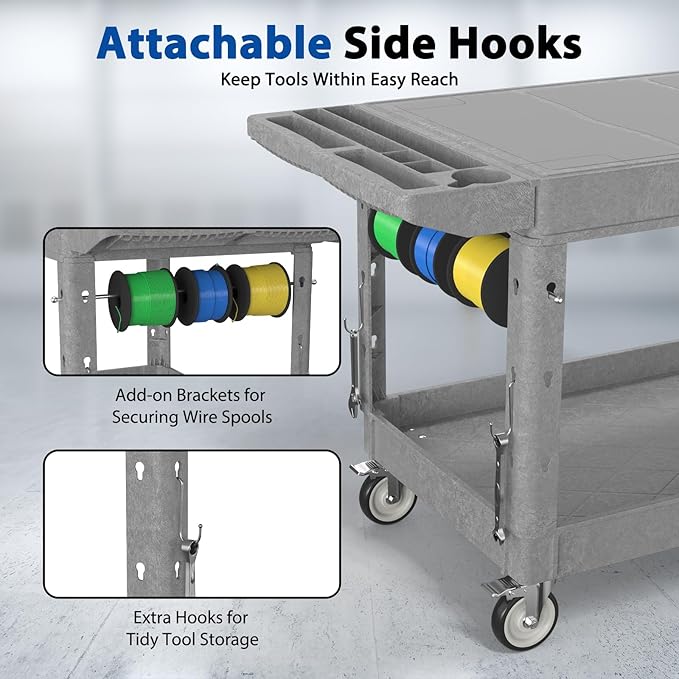 Heavy Duty Flat Top Utility Cart with Wheels 2-Tier Utility Plastic Service Work Cart for Shop, Garage, Warehouse, Maintenance 550 lbs