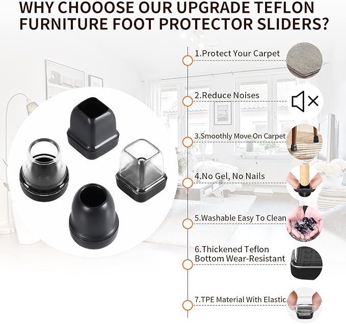 Ezprotekt 24 Pcs Extra Small Chair Leg Sliders for Carpet, Black Round Teflon Furniture Pads for Rug Glides Easily Without Scratches - for Table, Couch, Patio Chair Legs (S Fit: 0.55" - 0.75")