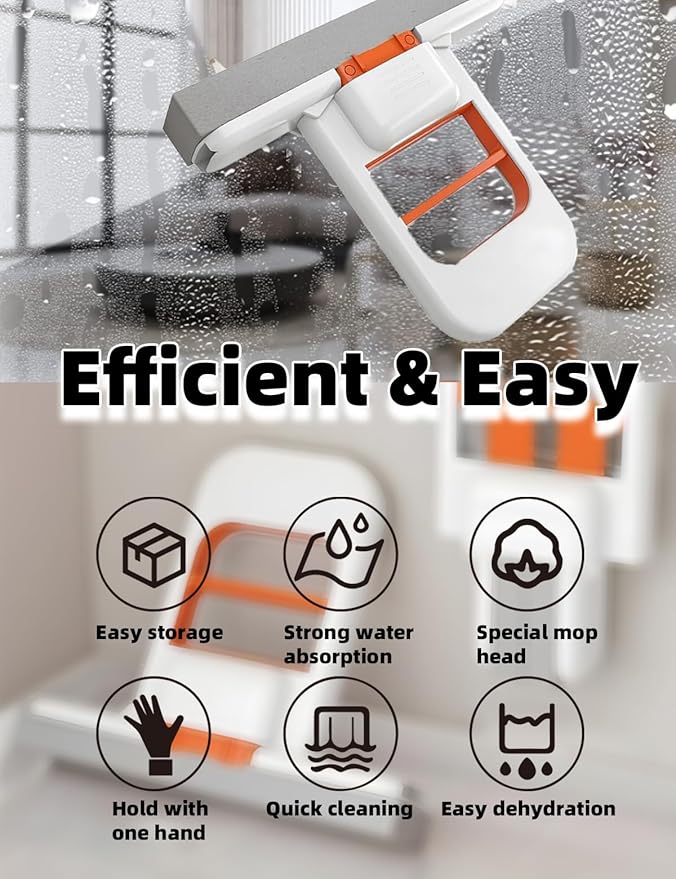 Mini Foldable Desktop Mop, Mini Mop for Small Spaces, Portable Cleaning Sponge Mop for Bathroom, Kitchen, Countertops, Glass, Tile - Wet/Dry Use with One-Hand Squeeze Handle & Replaceable Head (White)