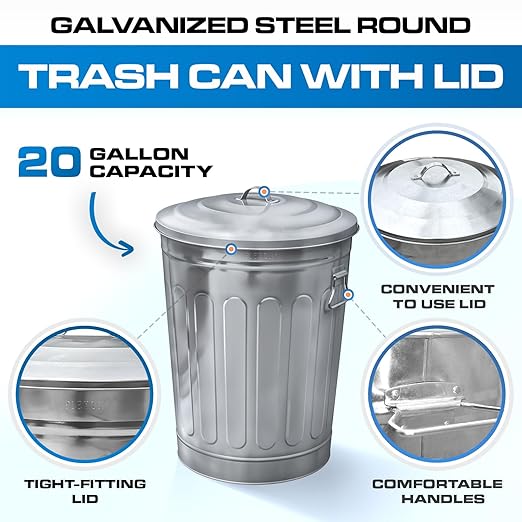 Plexon 13-Gallon Galvanized Steel Round Trash Can with Lid