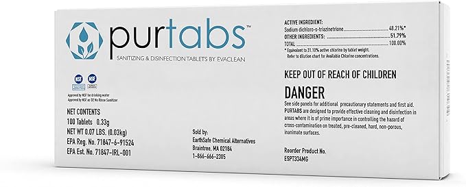 334mg Sanitizer Tablets, NSF D2 Certified, Food Safe, 99.9% Virus & Bacteria Kill, Hypochlorous Acid (HOCl), Cleans, Deodorizes & Disinfects