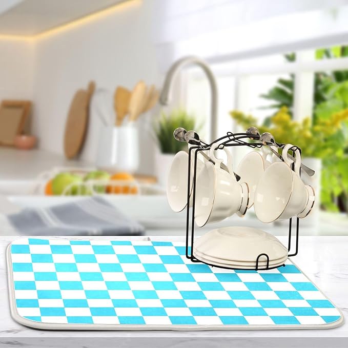 Turquoise Chessboard Dish Drying Mat for Kitchen Countertop 16x18 Teal Plaid Checkered Rectangle Small Drying Mat Reusable Quick Dry Dish Sink Absorbent Mats Easy Clean Decorative Home Essentials