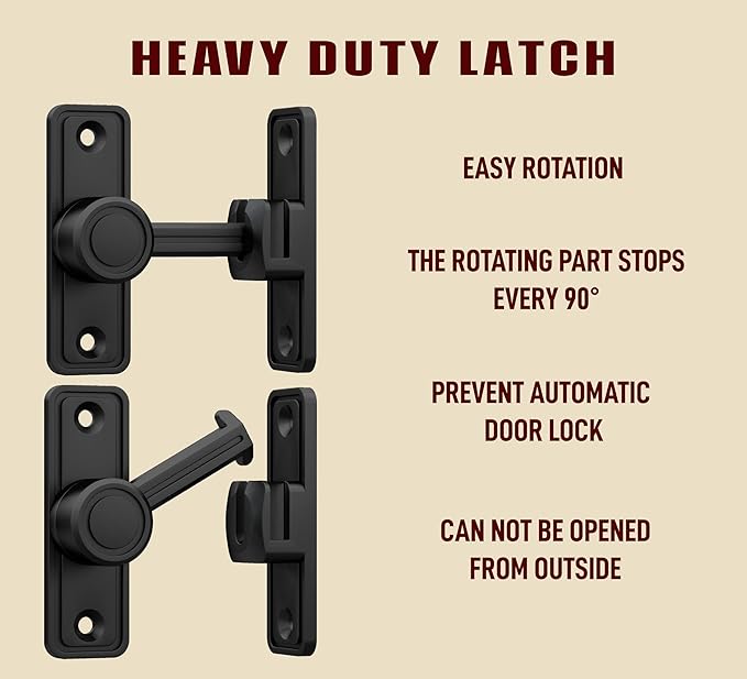 Barn Door Privacy Latch, 90°/180° Swing Slide Lock, Zinc-Alloy, Adhesive or Screw Mount, Interior Use for Bathroom/Bedroom/Closet/Shed, Includes Screws & Glue - Black